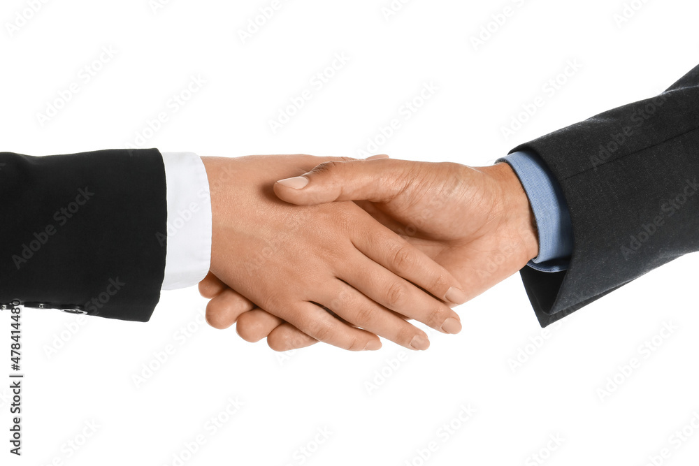 Business woman shaking man's hand on white background Business woman shaking man's hand on white background