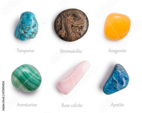Stromatolite, apatite, rose calcite, aventurine, aragonite, and turquoise natural stone
