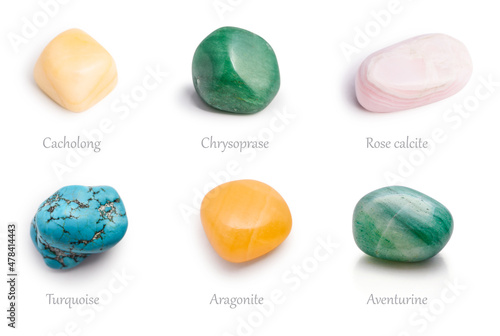 Obraz na plátně Cacholong, chrysoprase, rose calcite, aventurine, aragonite, and turquoise natur