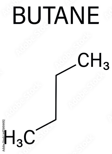 Butane hydrocarbon molecule. Commonly used as fuel gas, alone or combined with propane or LPG, liquified petroleum gas. Skeletal formula.