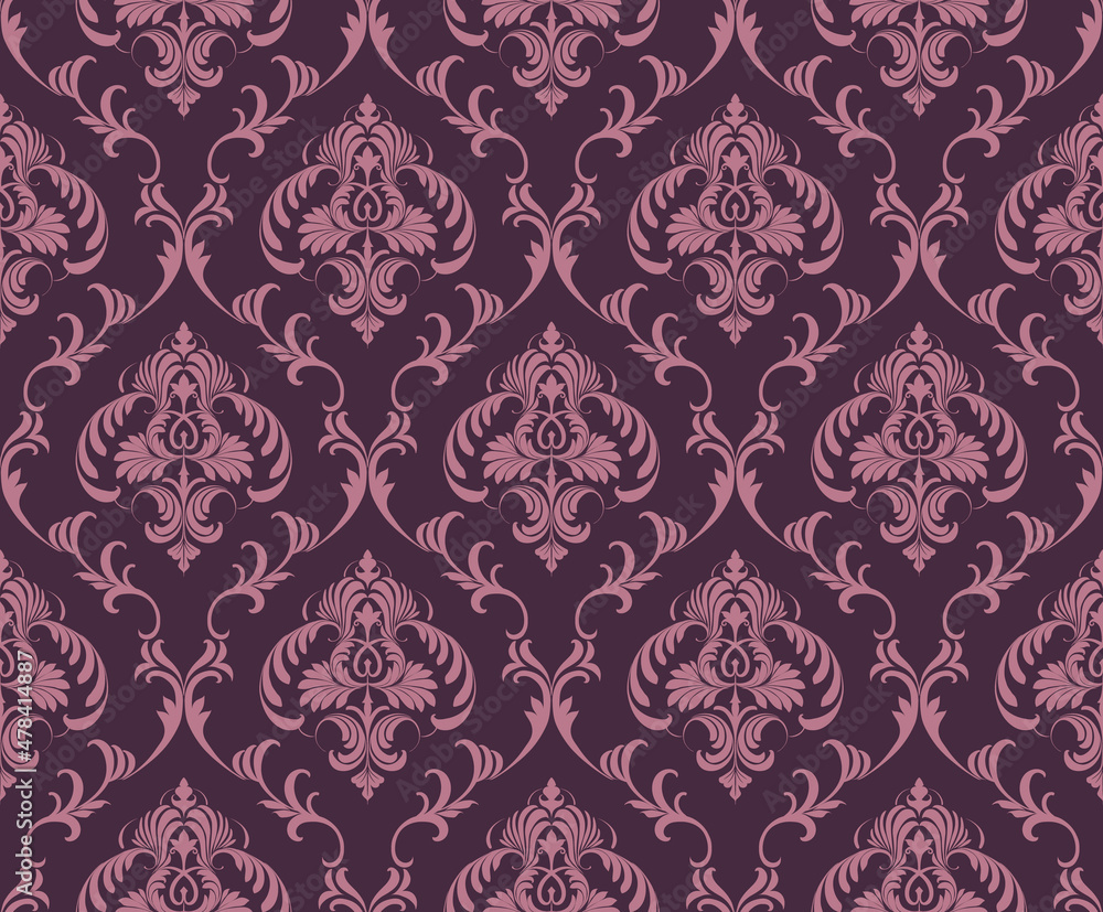 Vector seamless damask pattern with floral baroque elements. Repetitive ornament design for wallpapers, fabric, textile, upholstery, curtains, slipcover, blinds, packaging, bedding