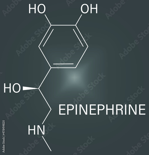 Adrenaline or adrenalin, epinephrine neurotransmitter molecule. Used as drug in treatment of anaphylaxis. Skeletal formula.