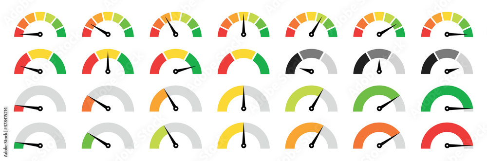 Speedometer, gauge meter icons. Vector scale, level of performance. Speed dial indicator . Green and red, low and high barometers, dashboard with arrows. Infographic of risk, gauge, score progress - obrazy, fototapety, plakaty 