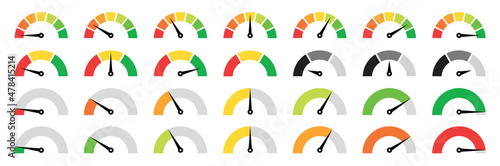 Speedometer, gauge meter icons. Vector scale, level of performance. Speed dial indicator . Green and red, low and high barometers, dashboard with arrows. Infographic of risk, gauge, score progress