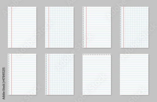 Notebook paper sheets for notes. Vector. White book pages with letter lines on background for school. Blank template of memo, notepad, diary with texture.Notepaper frame, cover for label illustration