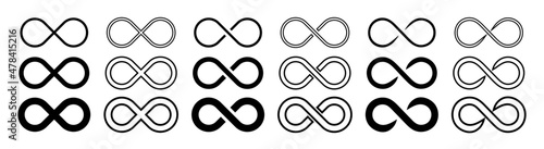 Vector icons, symbols of loop and infinity. Logo, line abstract sign of endless, infinite, limitless and eternity. Graphic mobius, cycle of forever shapes set. Round geometrical eternal eight design