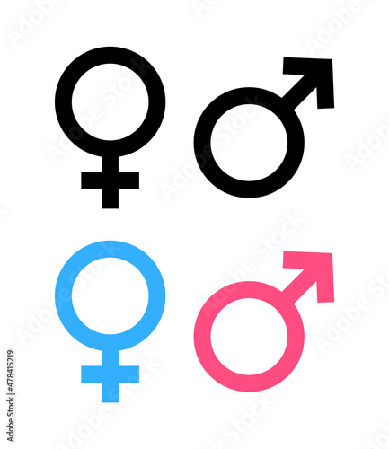 Male and female gender symbols or icons. Vector sign of sex. Women and men graphic pictogram illustration. Woman and man, WC logo for toilet. Girl and boy flat logo for web. Person outline elements.