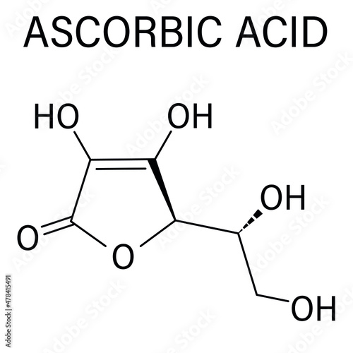 Vitamin C, ascorbic acid, ascorbate molecule. Skeletal formula.  photo