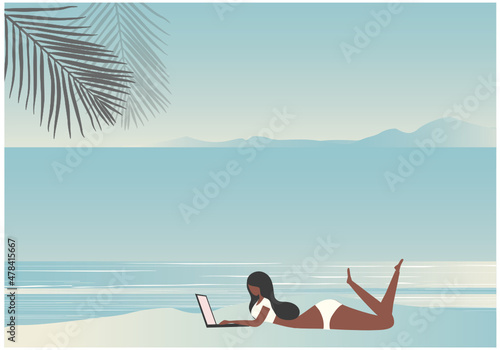 Workcation. Working on vacation concept. Woman working on laptop on beach summer vacation vector illustration © panchanok