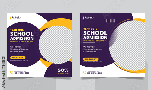 School admission social media post banner, educational social media post square flyer back to school web banner design template.