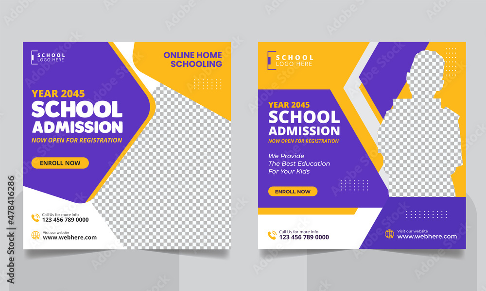 School admission social media post banner, educational social media post square flyer back to school web banner design template. School admission social media post banner, educational social media post square flyer back to school web banner design template.