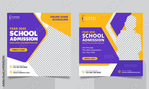 School admission social media post banner, educational social media post square flyer back to school web banner design template.