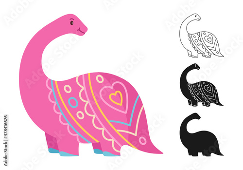 Dino prehistoric character cartoon or stamp, outline, silhouette set. Kids design animals for fabric, textile, stencil stain print. Wildlife reptile dinosaur childish illustration. Dinosaur era vector