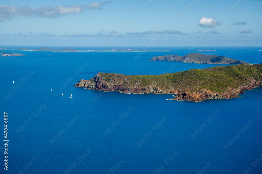 Sailboats North of Great Camanoe Island. And view of North Bay Cove. British Virgin Islands Caribbean