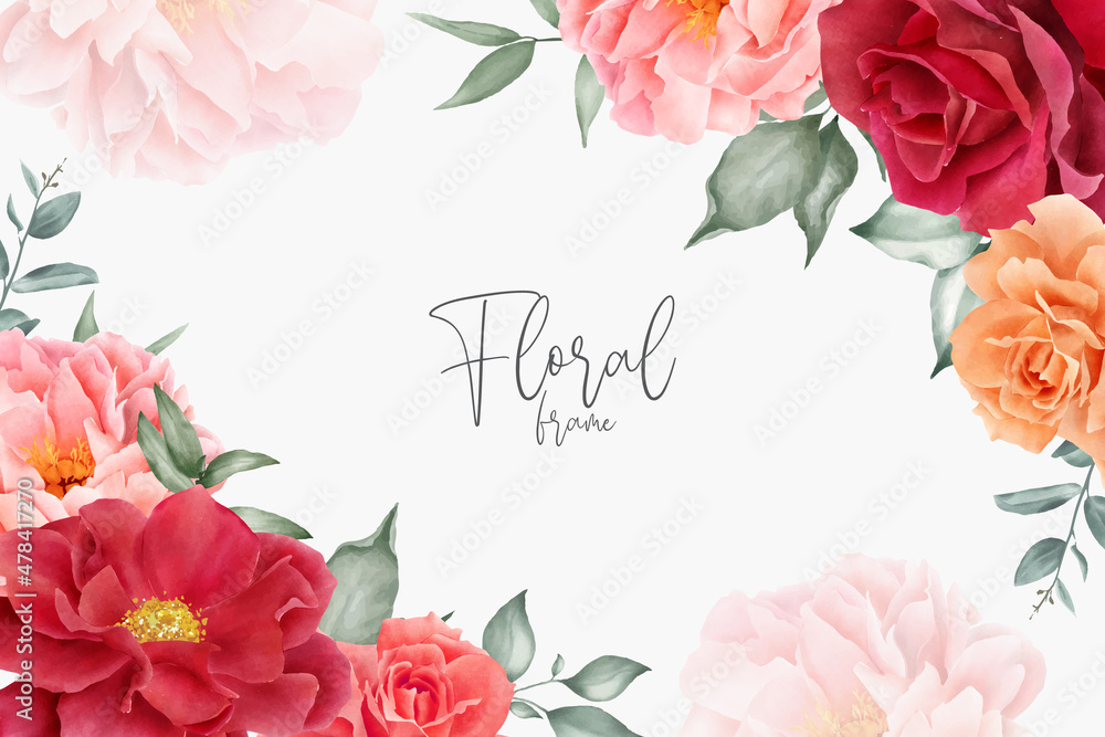 Elegant Watercolor Floral Background Design with Hand Drawn Peony and Leaves - obrazy, fototapety, plakaty 