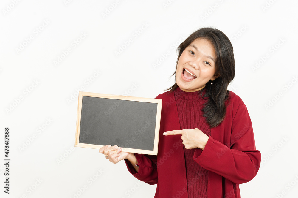 Showing, Presenting and holding Blank Blackboard of Beautiful Asian Woman Wearing Red Shirt Showing, Presenting and holding Blank Blackboard of Beautiful Asian Woman Wearing Red Shirt