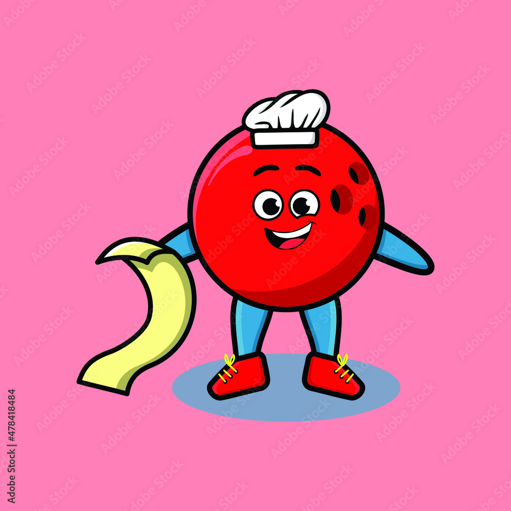Fototapeta premium Cute cartoon bowling ball chef mascot character with menu in hand cute modern style design for t-shirt, sticker, logo elements