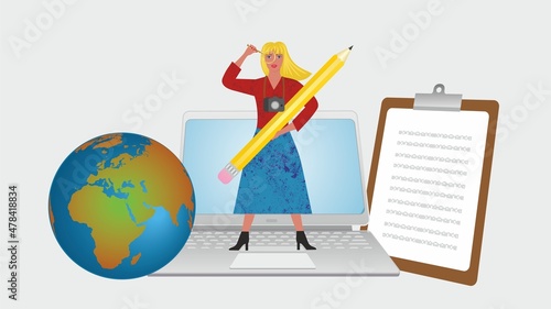 Woman with pencil, camera, laptop, notebook and globe of Planet Earth. Vector illustration. EPS10. Dimension 16:9.