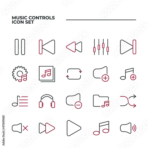 simple set of Music Controls vector icons with editable line styles covering volume, pause, mute and other. isolated on white background. 