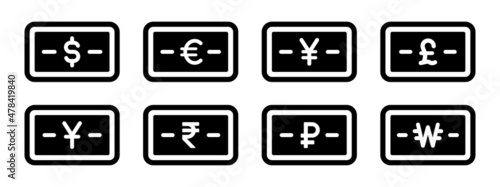 Currency money bill icon set. Us dollar, Euro, Japanese yen, British pound, Indian rupee, ruble, Chinese yuan and won symbol.