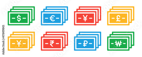 Currency money banknote icon set. Us dollar, Euro, Japanese yen, British pound, Indian rupee, ruble, Chinese yuan and won paper money icon.