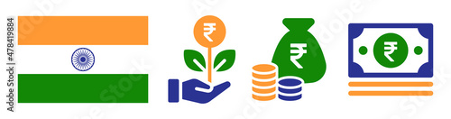 Rupee money symbol icon. India flag, money bag and INR currency icon set. photo