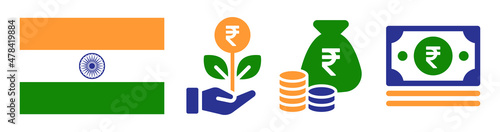 Rupee money symbol icon. India flag, money bag and INR currency icon set.