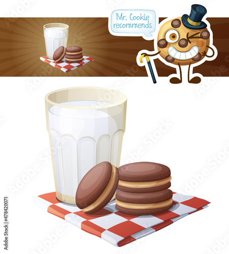 Cartoon illustration with glass of milk and chocolate cookie. Vector peanut butter shortbread sandwiches illustration for breakfast with funny cookie character