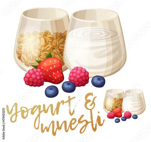 Yogurt and muesli illustration. Summer parfait with strawberry, blueberry, raspberry ingredients. Cartoon vector food icon isolated on white background