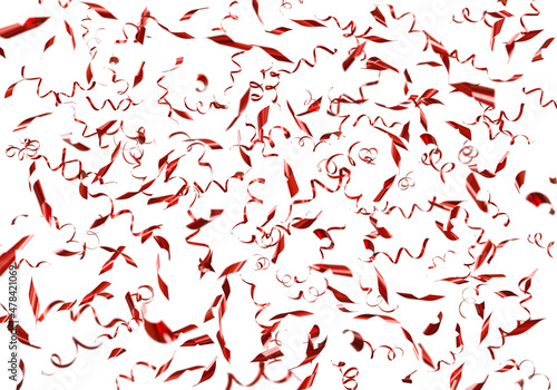 Falling shiny redconfetti isolated on white background. bright festive tinsel of red color. 3d rendering.