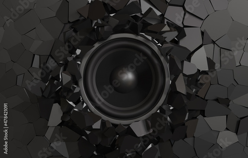 Fototapeta Naklejka Na Ścianę i Meble -  Black wall break from the sound of a loudspeaker, 3d rendering.
