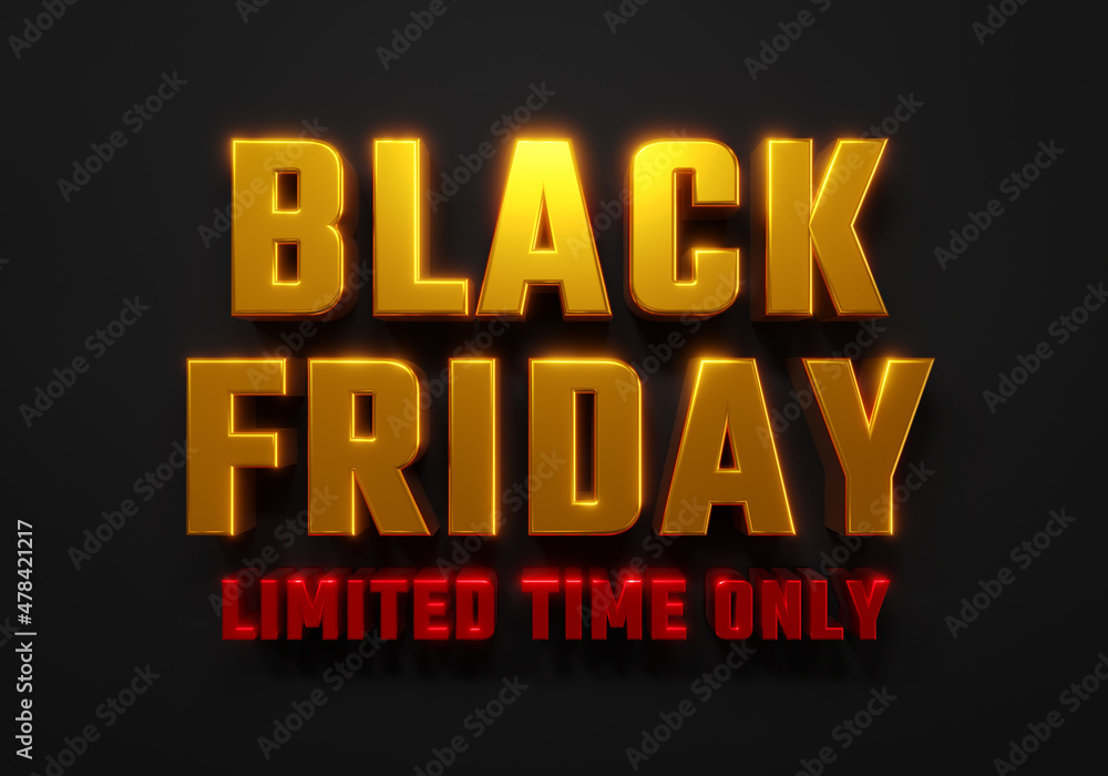 Black Friday limited time only banner, logo golden and red color on dark background, promotion marketing discount event, 3d illustration.