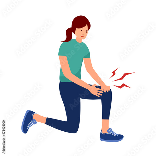 Leg pain concept vector illustration on white background. Sporty woman feel hurt in leg while jogging or exercise. Bone or muscle problem.