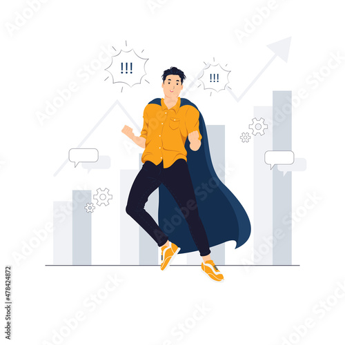 Successful businessman with big profit dressed like superhero flying in the sky concept illustration