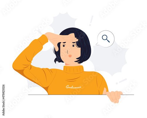 Curious woman looking far away with hand over head, trying to see something, bad vision, searching, holding palm on forehead and gasping. surprised, and amazed concept illustration