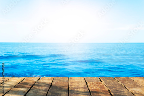 Beautiful wooden floor and blue background  sea water and sky.