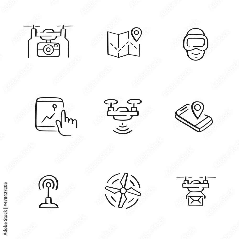 Set of drone related icons. Camera mounts, controller, front view and top view. Sketch icons