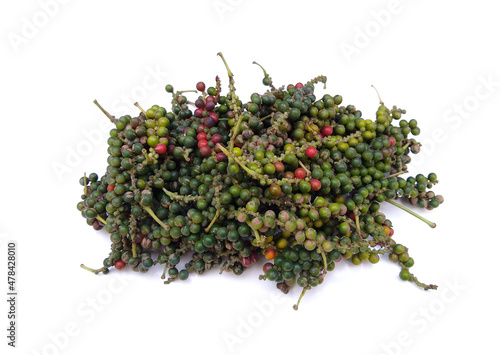 Fresh raw peppercorn, spicy food ingredients isolated on white background