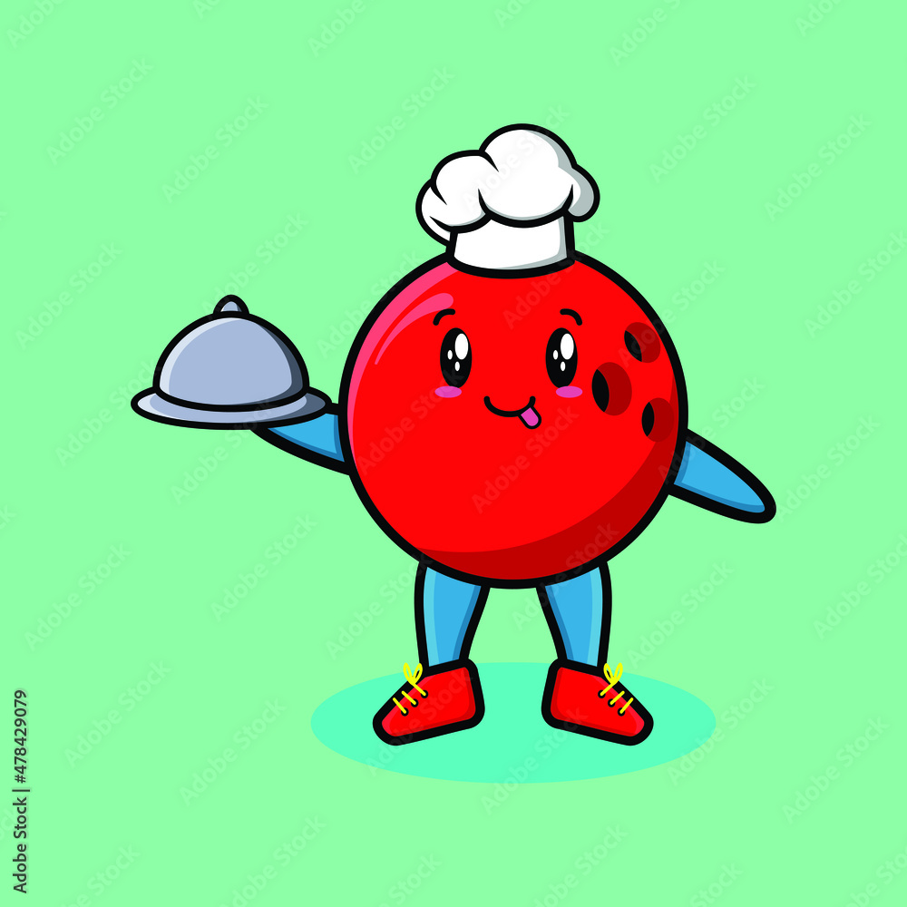Cute Cartoon chef bowling ball mascot character serving food on tray cute style design for t-shirt, sticker, logo element Cute Cartoon chef bowling ball mascot character serving food on tray cute style design for t-shirt, sticker, logo element