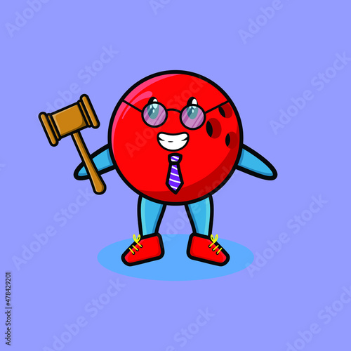 Cute cartoon mascot character wise judge bowling ball wearing glasses and holding a hammer with cute modern style design for t-shirt, sticker, logo element