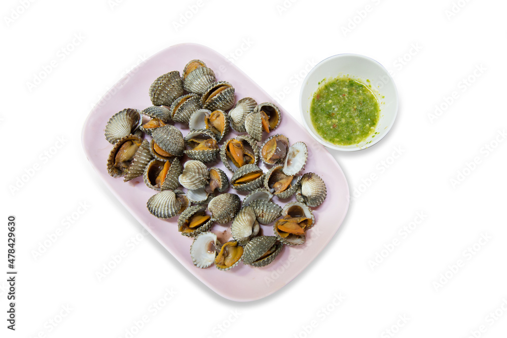 Die cut of Big Steamed cockle Boiled cockles and seafood sauce on white isolated. Die cut of Big Steamed cockle Boiled cockles and seafood sauce on white isolated.
