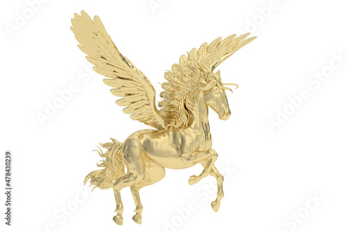 Gold pegasus isolated on white background. 3D rendering. 3D illustration.