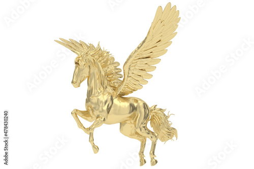 Gold pegasus isolated on white background. 3D rendering. 3D illustration.
