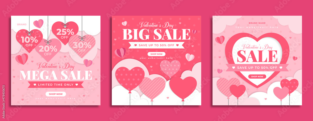 Valentine's day sale promotion social media post template design. Happy valentine day celebration banner or flyer with abstract heart or love balloon. Holiday business marketing web poster. Valentine's day sale promotion social media post template design. Happy valentine day celebration banner or flyer with abstract heart or love balloon. Holiday business marketing web poster.