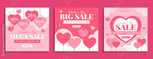 Valentine's day sale promotion social media post template design. Happy valentine day celebration banner or flyer with abstract heart or love balloon. Holiday business marketing web poster.         © Impixdesign