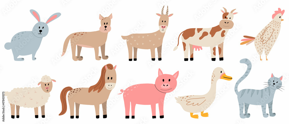 Vector set of farm animals. Cute farm animals cat, dog, horse, pig, cow, goat. Vector set of farm animals. Cute farm animals cat, dog, horse, pig, cow, goat.