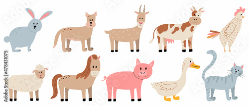 Fototapeta Naklejka Na Ścianę i Meble -  Vector set of farm animals. Cute farm animals cat, dog, horse, pig, cow, goat.