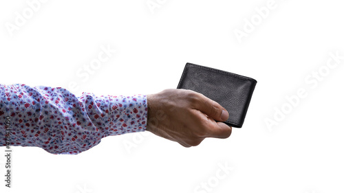 hand holding wallet on isolated white background