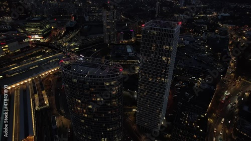 Skyscraper High Rise Buildings at Night in Downtown City of London - Aerial photo