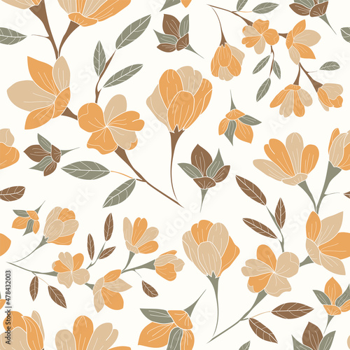 Illustration vector seamless repeat pattern of golden flowers with green and brown leaves. Perfect for vintage fabric  wallpaper  scrapbooking projects. Surface pattern design.